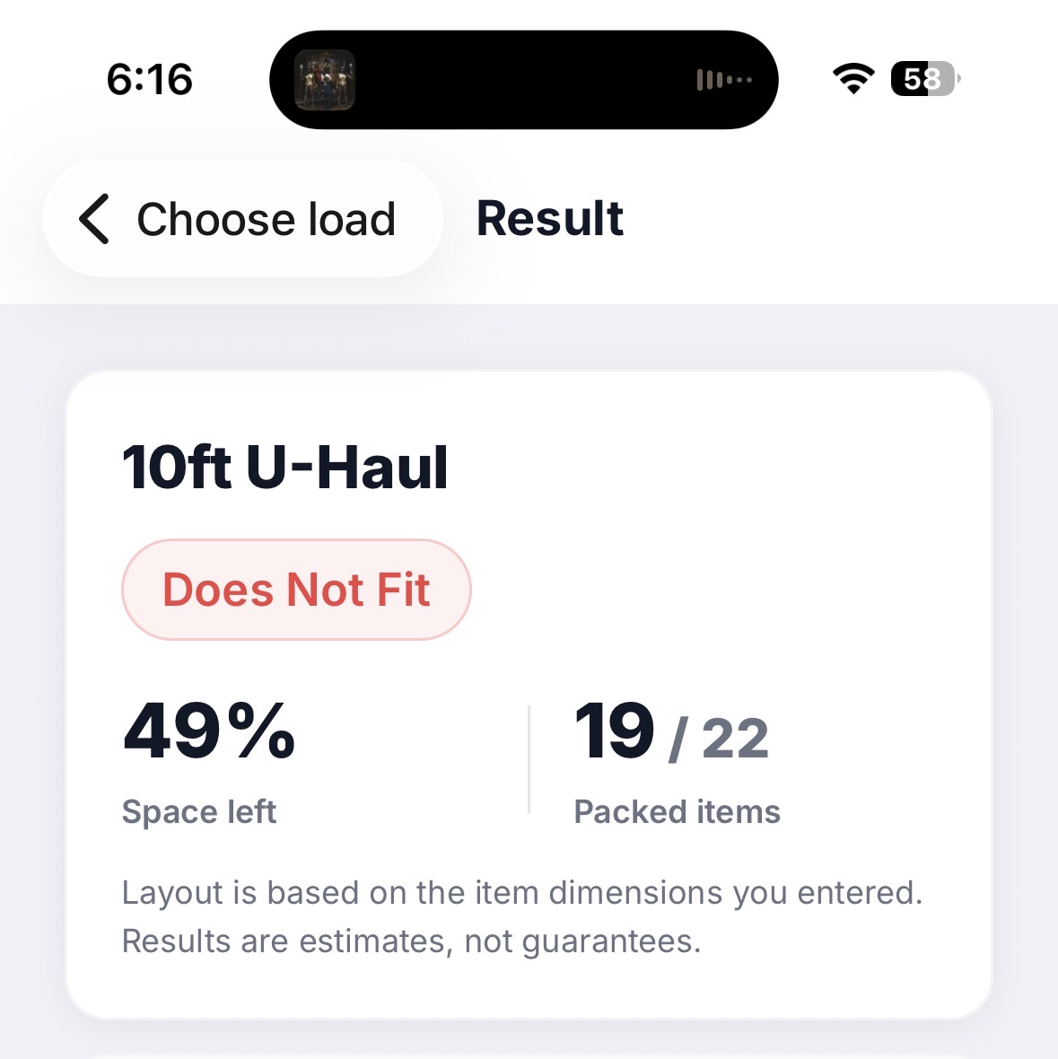Will It Fit fit result screen used after calculating a load